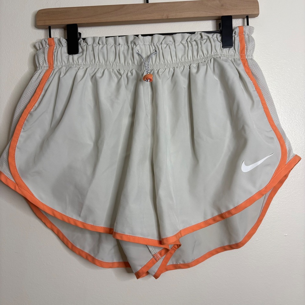 Nike Dri‎ Fit Running Shorts Women Light Gray Orange Trim Athletic Gym Size L